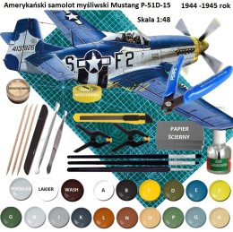MODEL do sklejania amerykański samolot myśliwski P-51D-15 Mustang + mata A3, klej, farba akrylowa modelarska, wash, podkład..