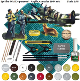 MODEL samolotu Spitfire Mk.IX personelem 1:48 , mata samogojąca do cięcia A3, klej, farba akrylowa modelarska, pędzle, cążki ...