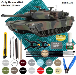 MODEL plastikowy czołg do sklejania M1A1 Abrams Tank Ukraina + mata, farby akryloe do modeli, podkład, klej, 3 pędzle...