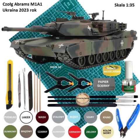 MODEL plastikowy czołg do sklejania M1A1 Abrams Tank Ukraina + mata, farby akryloe do modeli, podkład, klej, 3 pędzle... MODEL plastikowy czołg do sklejania M1A1 Abrams Tank Ukraina + mata, farby akryloe do modeli, podkład, klej, 3 pędzle...