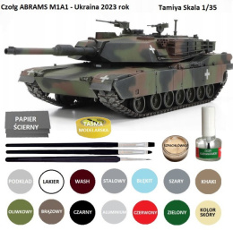 MODEL plastikowy czołg do sklejania M1A1 Abrams Tank Ukraine + zestaw farb akrylowych do modeli, podkład, klej, 3 pędzle...