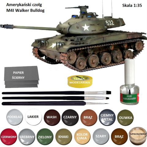 MODEL plastikowy czołgu do sklejania M4I Walker Bulldog +klej, zestaw farb akrylowych do modeli, 3 pędzle do modelarskie..... MODEL plastikowy czołgu do sklejania M4I Walker Bulldog +klej, zestaw farb akrylowych do modeli, 3 pędzle do modelarskie.....