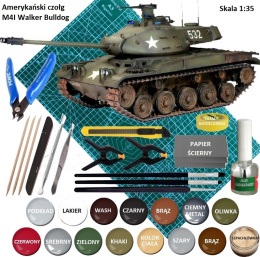 MODEL plastikowy czołg do sklejania M4I Walker Bulldog + mata A3, klej, zestaw farb akrylowych do modeli, cążki modelarskie..