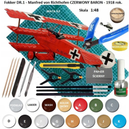 MODEL samolot Fokker Dr.1 Triplane 1:48 Lothar von Richthofen RED BARON + mata, farba modelarska, podkład do modeli, pędzle...
