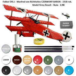 MODEL samolot Fokker Dr.1 Triplane RED BARON 1:48 RED BARON + klej, farba modelarska, podkład do modeli, lakier do modeli