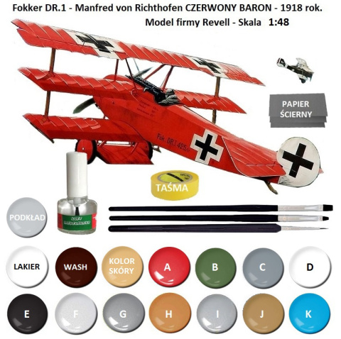 MODEL samolot Fokker Dr.1 Triplane RED BARON 1:48 RED BARON + klej, farba modelarska, podkład do modeli, lakier do modeli MODEL samolot Fokker Dr.1 Triplane RED BARON 1:48 RED BARON + klej, farba modelarska, podkład do modeli, lakier do modeli