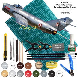 MODEL samolotu Mig-17 Lim-5P polski + mata samogojąca do cięcia A3, klej, farby akrylowe do modeli, podkład do farb akrylowych..