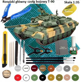 PLASTIKOWY MODEL do sklejania czołg T-90 + mata A3, klej modelarski wamod, farby akrylowe do modeli, pędzelek modelarski 000 ...
