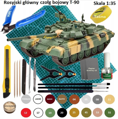 PLASTIKOWY MODEL do sklejania czołg T-90 + mata A3, klej modelarski wamod, farby akrylowe do modeli, pędzelek modelarski 000 ... PLASTIKOWY MODEL do sklejania czołg T-90 + mata A3, klej modelarski wamod, farby akrylowe do modeli, pędzelek modelarski 000 ...