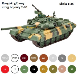 PLASTIKOWY MODEL do sklejania czołg T-90 + farbyakrylowe do modeli plastikowych, lakier modelarski błyszczący, podkład......