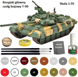 PLASTIKOWY MODEL do sklejania czołgu T-90 + klej modelarski wamod, farby akrylowe do modeli matowe, pędzelek modelarski 000 ...