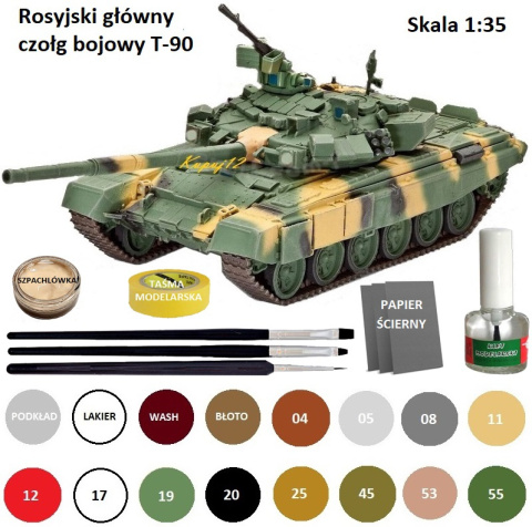 PLASTIKOWY MODEL do sklejania czołgu T-90 + klej modelarski wamod, farby akrylowe do modeli matowe, pędzelek modelarski 000 ... PLASTIKOWY MODEL do sklejania czołgu T-90 + klej modelarski wamod, farby akrylowe do modeli matowe, pędzelek modelarski 000 ...