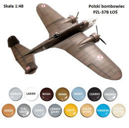 PLASTIKOWY model polskiego samolotu ŁOŚ, farby akrylowe modelarskie, podkład do farb modelarskich, lakier, wash do zabrudzeń..