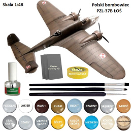 PLASTIKOWY model polskiego samolotu ŁOŚ, farby akrylowe modelarskie, podkład, klej, 3 pędzelk modelarskie, wash do zabrudzeń..