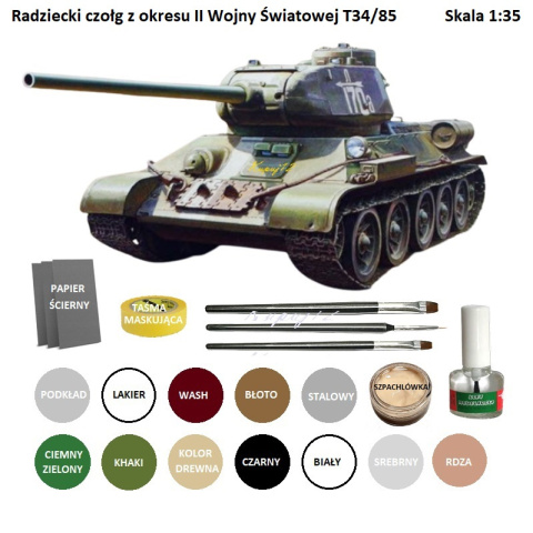 TANK, Model radzieckiego czołgu T-34/85+ klej, farby, podkład, 3 pędzelki, lakier, ziemia TANK, Model radzieckiego czołgu T-34/85+ klej, farby, podkład, 3 pędzelki, lakier, ziemia