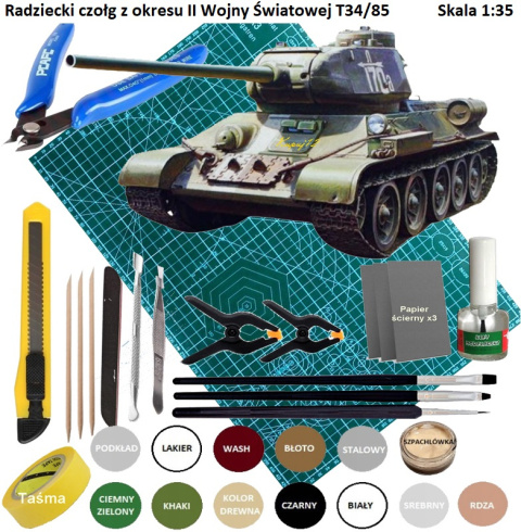 TANK, Model radzieckiego czołgu T-34/85+ mata samogojąca A3, klej, farby, podkład, , TANK, Model radzieckiego czołgu T-34/85+ mata samogojąca A3, klej, farby, podkład, ,