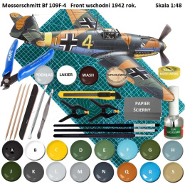 MODEL samolot do sklejania Messerschmitt Bf 109F-4 , mata do cięcia samogojąca A3, zestaw farb akrylowych do modeli, podkład..