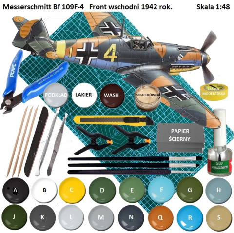 MODEL samolot do sklejania Messerschmitt Bf 109F-4 , mata do cięcia samogojąca A3, zestaw farb akrylowych do modeli, podkład.. MODEL samolot do sklejania Messerschmitt Bf 109F-4 , mata do cięcia samogojąca A3, zestaw farb akrylowych do modeli, podkład..