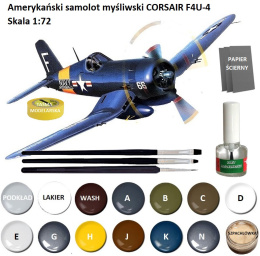MODEL plastikowego samolotu do sklejania Corsair F4U-4, klej, farby modelarskie akrylowe matowe, 3 x pędzel modelarski ..