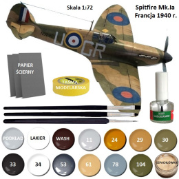 PLASTIKOWY MODEL samolotu do sklejania Spitfire Mk.Ia + klej, podkład, farby akrylowe matowe do modeli, podkład do farb...