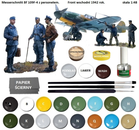 MODEL samolotu Messerschmitt Bf 109F-4 + personel 1:48 , klej, farby akrylowe, podkład do modeli, lakier błyszczący...... MODEL samolotu Messerschmitt Bf 109F-4 + personel 1:48 , klej, farby akrylowe, podkład do modeli, lakier błyszczący......