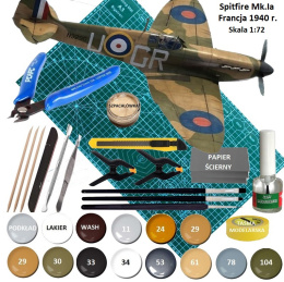 MODEL samolot do sklejania Spitfire Mk.Ia , mata samogojąca modelarska A3, klej, podkład, farby akrylowe matowe do modeli ...