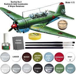 MODEL samolotu do sklejania Suchoj Su-2 + klej, 3 pędzle modelarskie, taśma modelarska, podkład, farby akrylowe do modeli ...