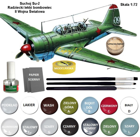 MODEL samolotu do sklejania Suchoj Su-2 + klej, 3 pędzle modelarskie, taśma modelarska, podkład, farby akrylowe do modeli ... MODEL samolotu do sklejania Suchoj Su-2 + klej, 3 pędzle modelarskie, taśma modelarska, podkład, farby akrylowe do modeli ...