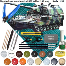PLASTIKOWY MODEL Armatohaubicy 2000, Haubica samobieżna + mata d0 cięcia A3, klej, farby do modeli akrylowe, podkład...