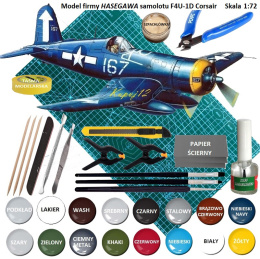 MODEL plastikowy samolot do sklejania Corsair F4U-1D + mata samogojąca do cięcia A3, klej, farby modelarskie akrylowe matowe...