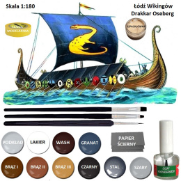 PLASTIKOWY Model łódzi Wikingów Drakkar Oseberg skala 1:180 + klej, pędzelki, zestaw farb modelarskich z fabą podkładową....