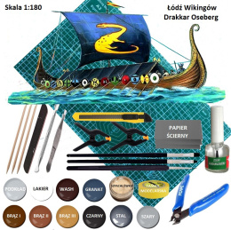 PLASTIKOWY model łodzi Wikingów Drakkar Oseberg skala 1:180 + mata modelarska A3, klej, pędzle, zestaw farb modelarskich........