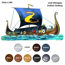 PLASTIKOWY Model łodzi Wikingów Drakkar Oseberg skala 1:180 + zestaw farb modelarskich z fabą podkładową....
