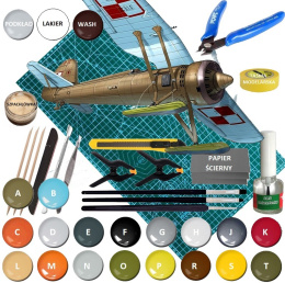 Model plastikowy samolotu do sklejania PZL P.11c + mata modelarska A3, klej, podkład, farby akrylowe matowe do modeli ...