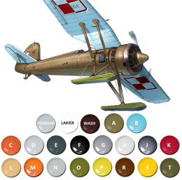 Model plastikowy samolotu do sklejania PZL P.11c + podkład, farby akrylowe matowe do modeli, lakier, wash do zabrudzeń..