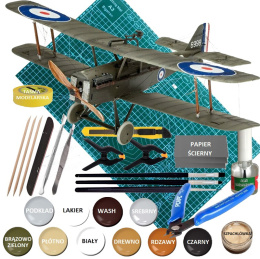 Model plastikowy samolot do sklejania Royal Aircraft Factory S.E. 5A + mata A3, klej modelarski, podkład, farby akrylowe matowe.