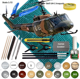 MODEL śmigłowca Bell UH-1H IROQUOIS amerykański helikopter wielozadaniowy. Zestaw zawiera: mata A3, klej, model, farby, lakier..