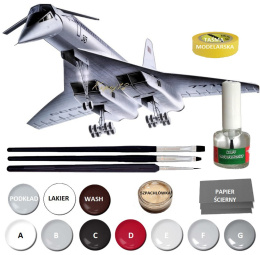 MODEL PLASTIKOWEGO SAMOLOTU do sklejania Tupolew Tu-144 + klej, 3 pędzle, farby, podkład modelarski, wash modelarski, lakiere...