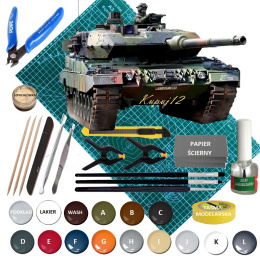MODEL czołgu do sklejania Leopard 2 A6/A6NL + mata modelarska samogojąca A3, farby, lakier, podkład, wash, pędzle, taśma..