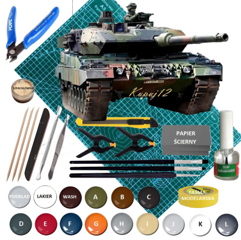 MODEL czołgu do sklejania Leopard 2 A6/A6NL + mata modelarska samogojąca A3, farby, lakier, podkład, wash, pędzle, taśma.. MODEL czołgu do sklejania Leopard 2 A6/A6NL + mata modelarska samogojąca A3, farby, lakier, podkład, wash, pędzle, taśma..