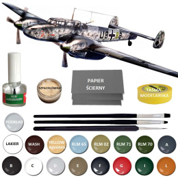 MODEL niemieckiego samolotu do sklejania Bf 110 C Zerstorer + klej, pędzle, podkład, farby, lakier..