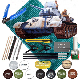 MODEL plastikowego czołgu do sklejania Tank T-34/76 +mata, klej, podkład, lakier, farby akrylowe modelarskie, wash, 3 pędzelki..