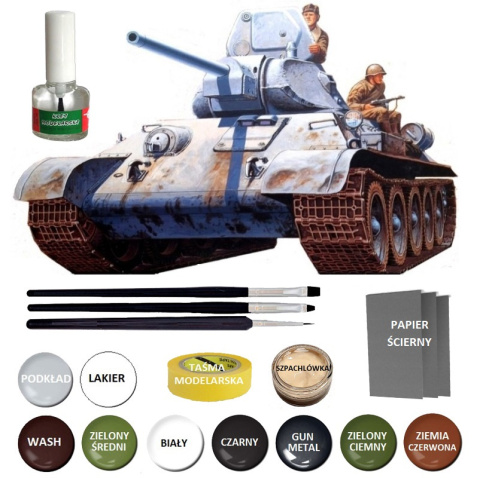 MODEL plastikowy czołgu do sklejania Tank T-34/76 +klej, podkład, lakier, farby akrylowe modelarskie, wash, 3 pędzelki... MODEL plastikowy czołgu do sklejania Tank T-34/76 +klej, podkład, lakier, farby akrylowe modelarskie, wash, 3 pędzelki...