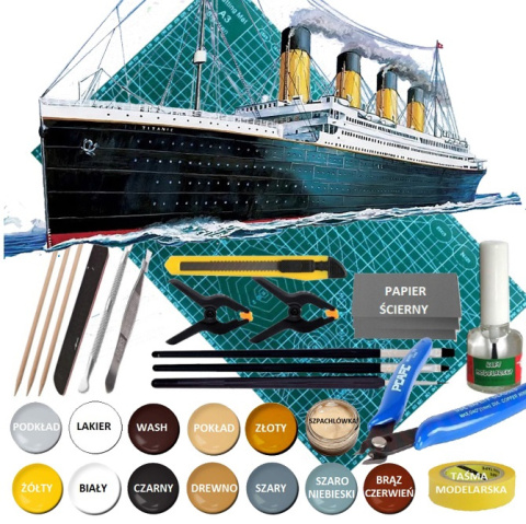 MODEL statku do sklejania TITANIC w skali 1:700 + mata A3, klej, pędzle, zestaw farb do jego wykończenia.... MODEL statku do sklejania TITANIC w skali 1:700 + mata A3, klej, pędzle, zestaw farb do jego wykończenia....