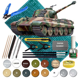 PANZER Tiger II Ausf .B King Tiger zestaw z matą modelarską A3, farbami, klejem, pędzelkami, taśmą.... Ardeny 1944 rok.