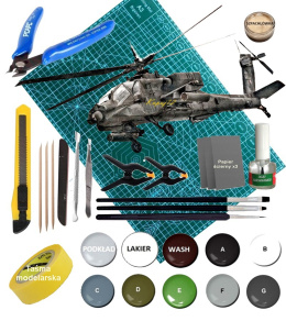 AH-64A APACHE Amerykański szturmowy śmigłowiec Model do sklejania+Mata,farby, lakier, klej, pędzle, narzędzia