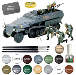 NIEMIECKI transporter opancerzony Hanomag Sdk.Fz.251 + klej, 3 pędzle, farby, podkład, lakier, skala 1:35