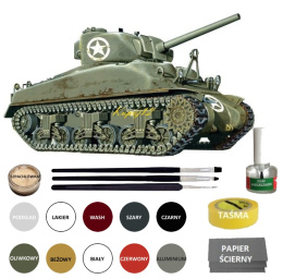 SHERMAN M4A1 Amerykański czołg Plastikowy model Podkład, farby, klej pędzle