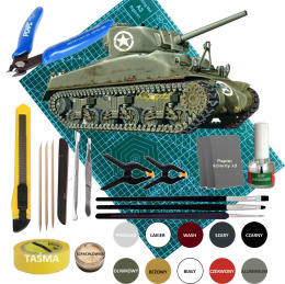 SHERMAN M4A1 Amerykański czołg Zestaw, mata, farby, klej pędzle, narzędzia