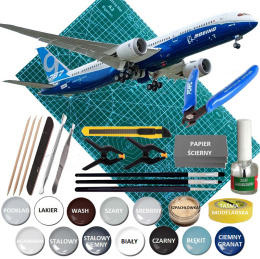 BOEING 787-9 DREAMLINER duży plastikowy model do sklejania samolotu pasażerskiego + mata A3, klej, farby, pędzle..